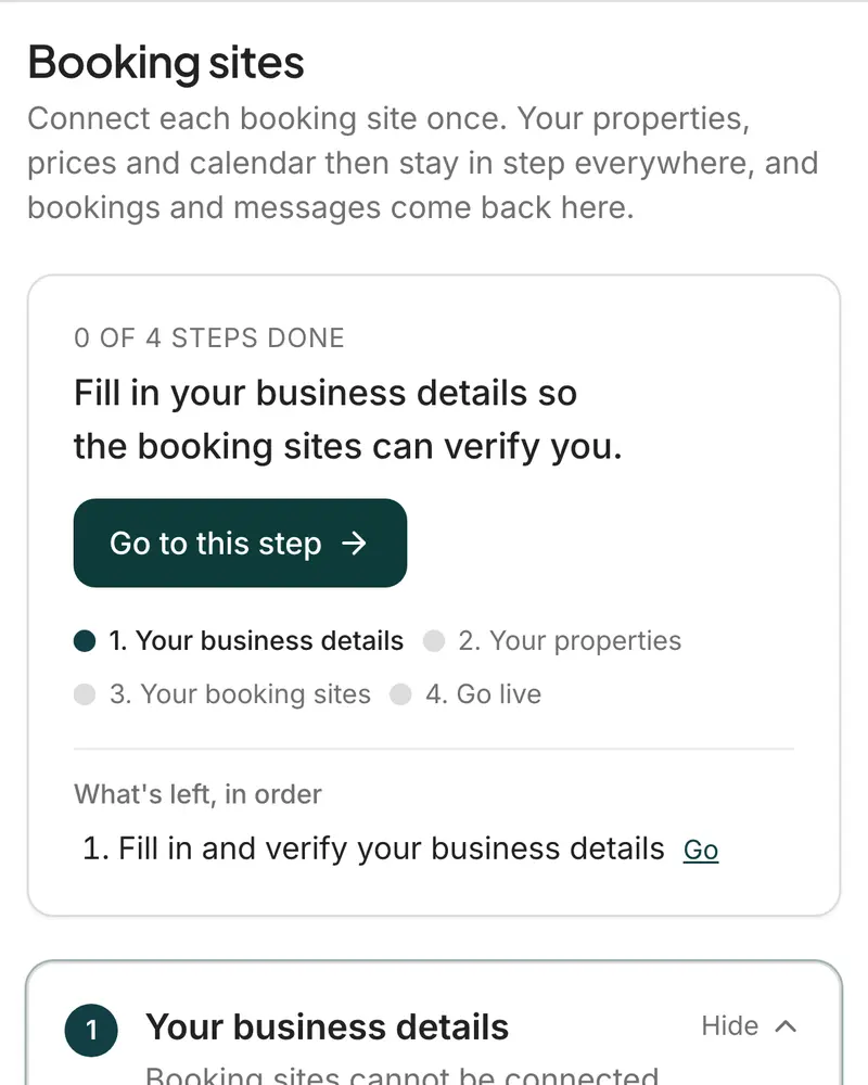 The Booking sites setup: four steps, two of them done, with what is left listed in order