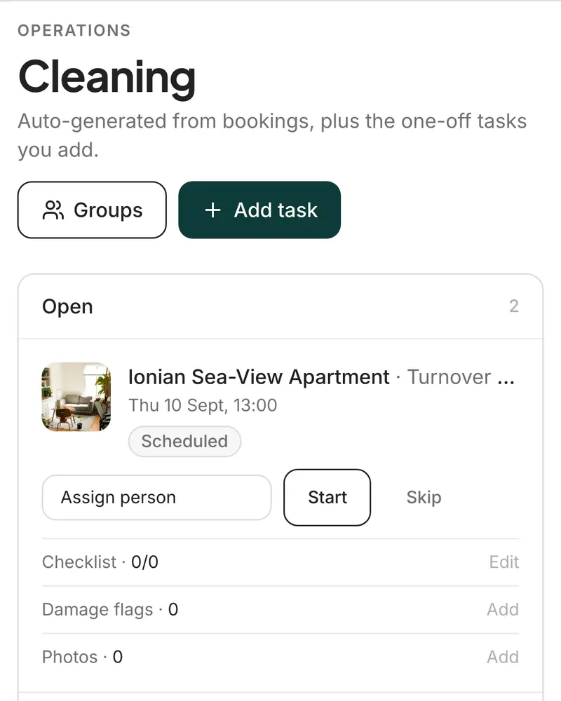 This week’s cleaning tasks, one per checkout, with the next arrival on each